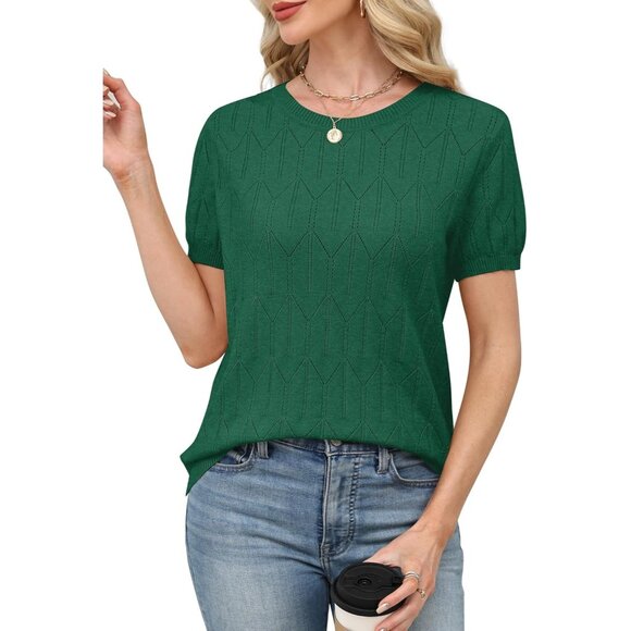 Women Short Sleeve Green Sweater Round Neck Summer Work Beach Vacation Top - Picture 3 of 5